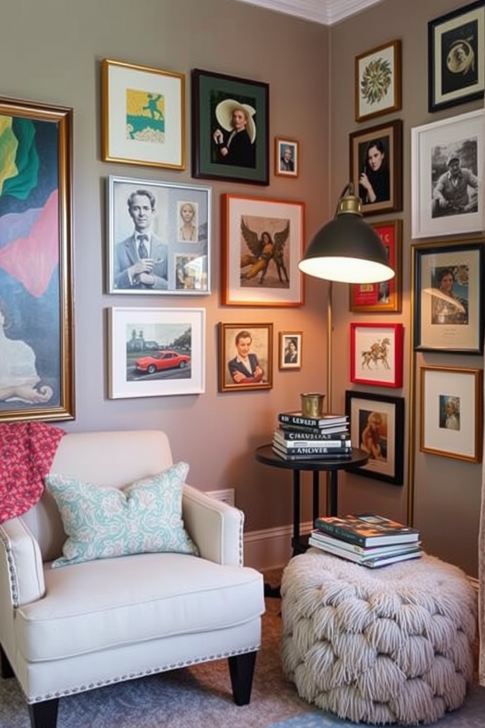 Artistic wall decor to inspire creativity. The walls are adorned with a mix of abstract paintings and framed photographs, creating a vibrant and stimulating environment. Labor Day Reading Nook Decorating Ideas. A cozy corner is set up with a plush armchair, a small side table holding a stack of books, and a floor lamp that provides warm light for evening reading.