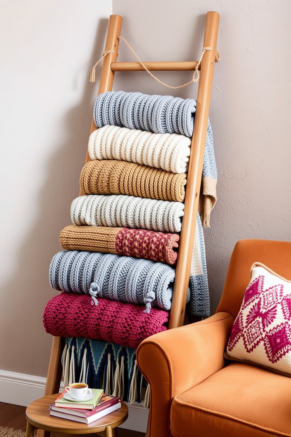 A cozy blanket ladder made of natural wood leans against a soft, textured wall. It holds an assortment of colorful, knitted blankets, inviting relaxation and warmth. Next to the ladder, a plush armchair in a warm hue is adorned with a decorative pillow. A small side table holds a stack of books and a steaming cup of tea, creating the perfect Labor Day reading nook.