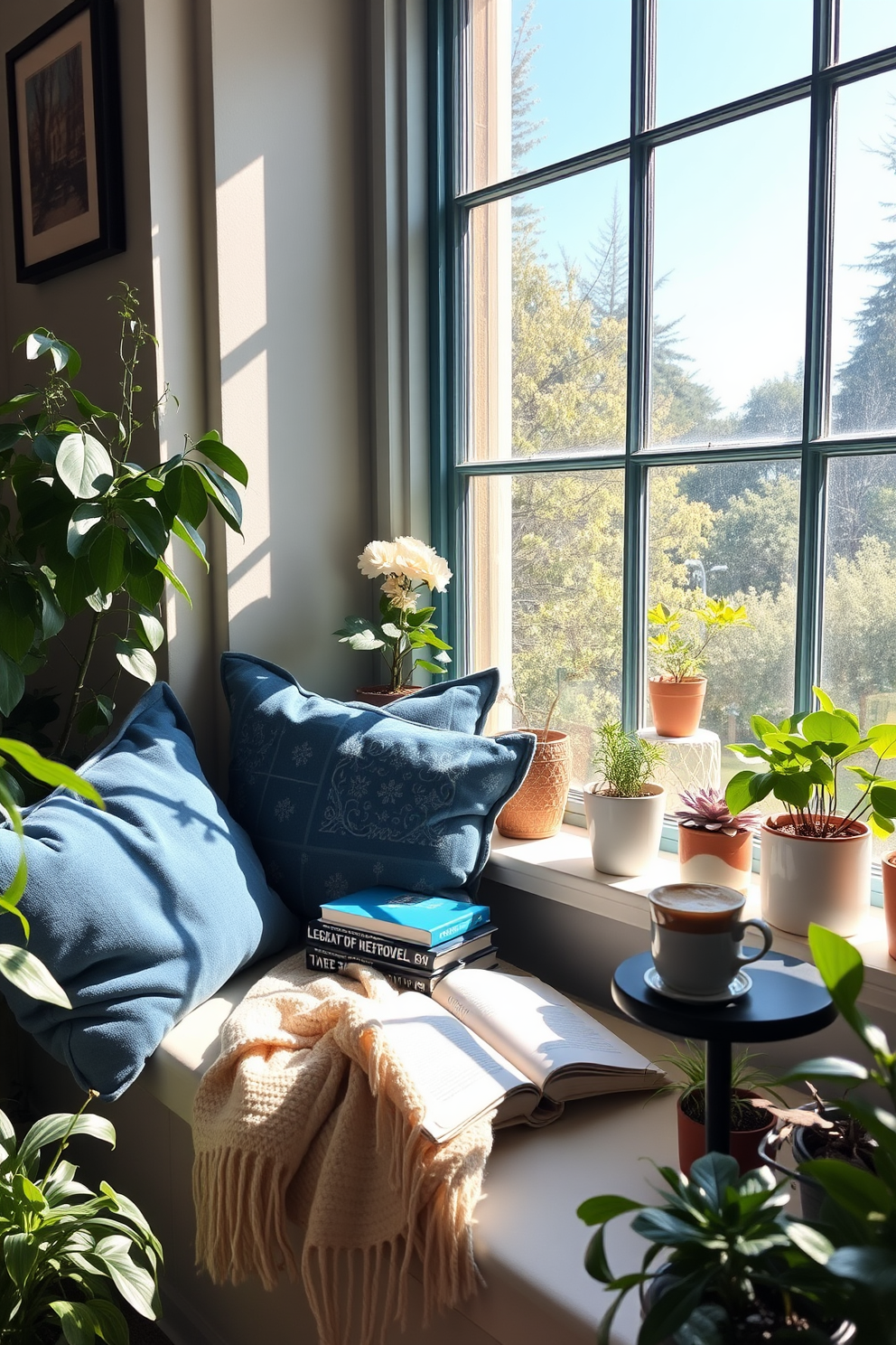 A cozy window seat adorned with plush cushions in various shades of blue and cream invites relaxation. Sunlight streams through the large window, illuminating a stack of favorite books and a warm throw blanket draped over the side. Surrounding the window seat, a collection of potted plants adds a touch of greenery, enhancing the serene atmosphere. A small side table holds a steaming cup of tea, completing the perfect Labor Day reading nook.