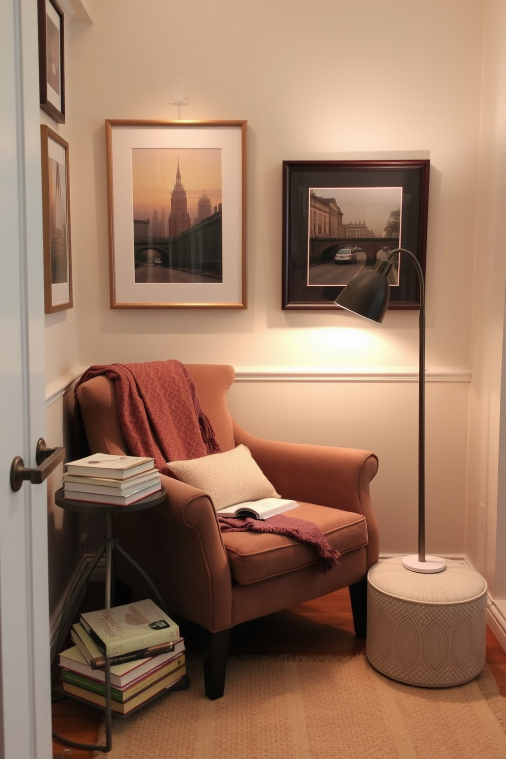 A cozy reading nook adorned with framed artwork that enhances the ambiance of the space. The nook features a plush armchair in a soft fabric, a small side table with a stack of books, and a warm throw blanket draped over the chair. The walls are painted in a calming pastel hue, creating a serene backdrop for the artwork. A stylish floor lamp stands beside the chair, providing gentle lighting for those leisurely reading moments.