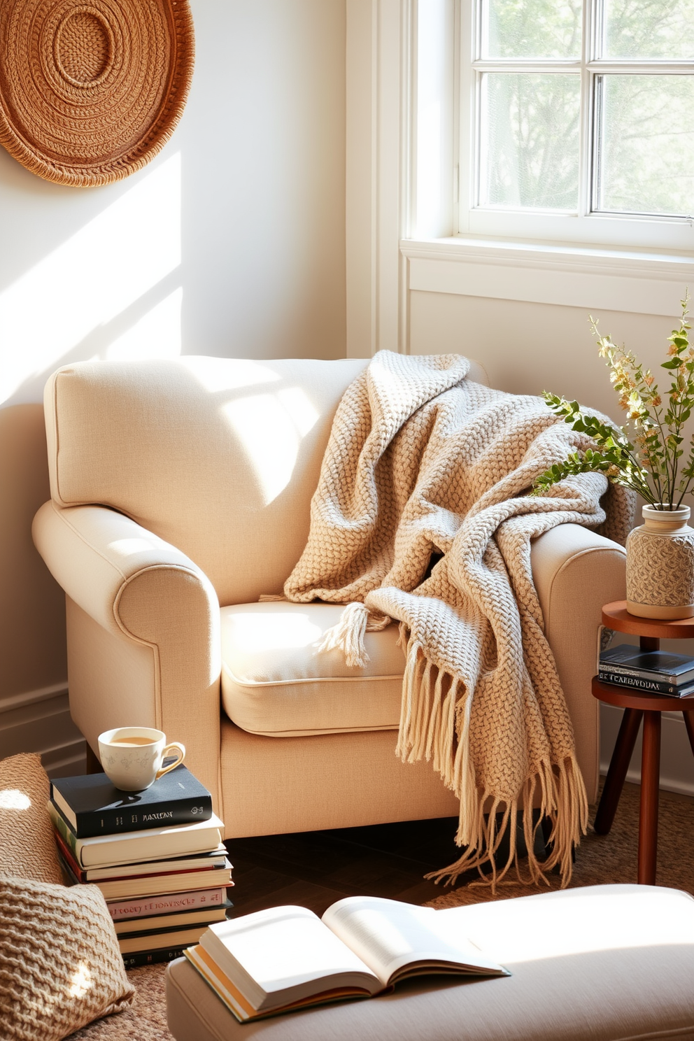 A cozy reading nook featuring a plush armchair in a soft neutral fabric. Layered throw blankets in varying textures and colors are draped over the armrest, inviting relaxation. A small side table holds a stack of books and a steaming cup of tea. Natural light pours in through a nearby window, highlighting the warm tones of the space.