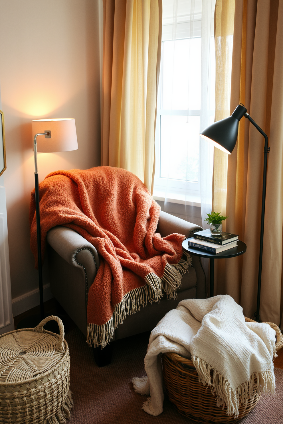 A cozy reading nook featuring a plush armchair draped with a soft throw in warm earth tones. A small side table holds a steaming cup of tea and a stack of well-loved books, while a floor lamp casts a gentle glow over the scene. The nook is nestled by a window, framed with sheer curtains that allow soft light to filter in. A woven basket nearby holds extra blankets, inviting you to settle in for a relaxing evening of reading.