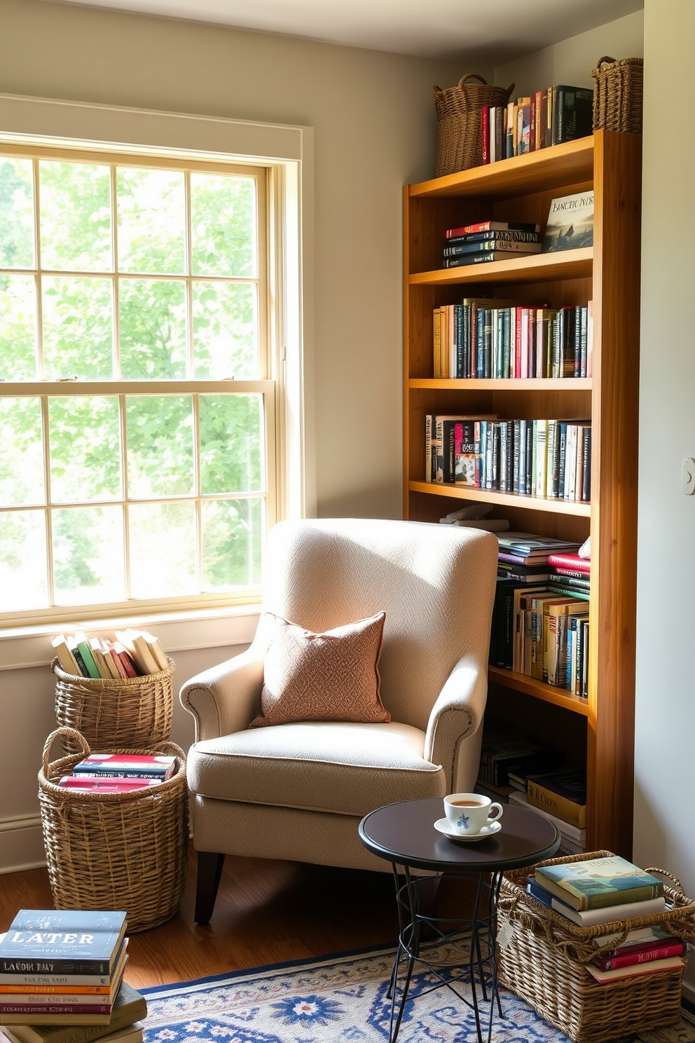 A cozy reading nook designed for Labor Day celebrations features a comfortable armchair upholstered in soft fabric. Surrounding the chair are decorative baskets filled with an assortment of books, adding both charm and organization to the space. Natural light floods the area through a nearby window, illuminating the warm tones of the wooden shelves. A small side table holds a steaming cup of tea, inviting relaxation and enjoyment of a good book.