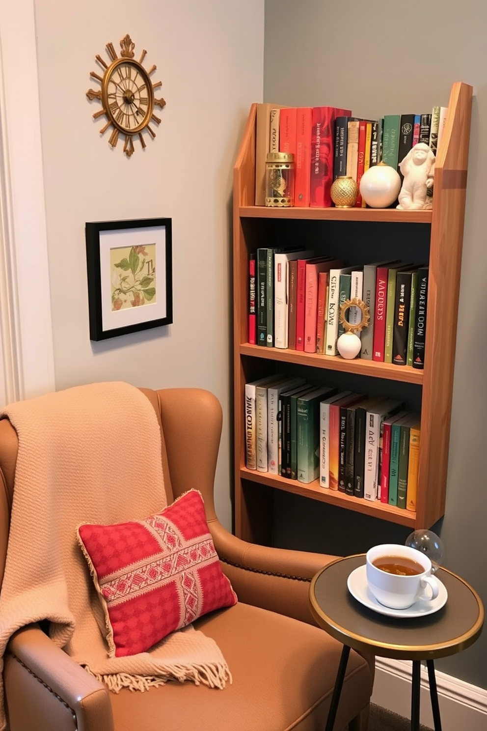 A cozy reading nook features a small bookshelf positioned against the wall, filled with an assortment of colorful books and decorative items. A comfortable armchair is placed nearby, adorned with a soft throw blanket and a small side table holding a steaming cup of tea.