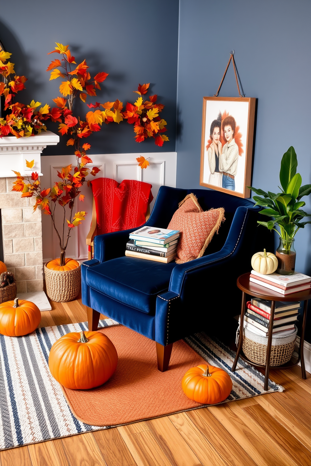 Seasonal decorations for a festive touch. The living room is adorned with vibrant autumn leaves, pumpkins in various sizes, and cozy throw blankets in warm colors. Labor Day Reading Nook Decorating Ideas. The nook features a plush armchair in navy blue, a small side table with a stack of books, and a soft, striped rug underneath, creating a perfect retreat for relaxation.