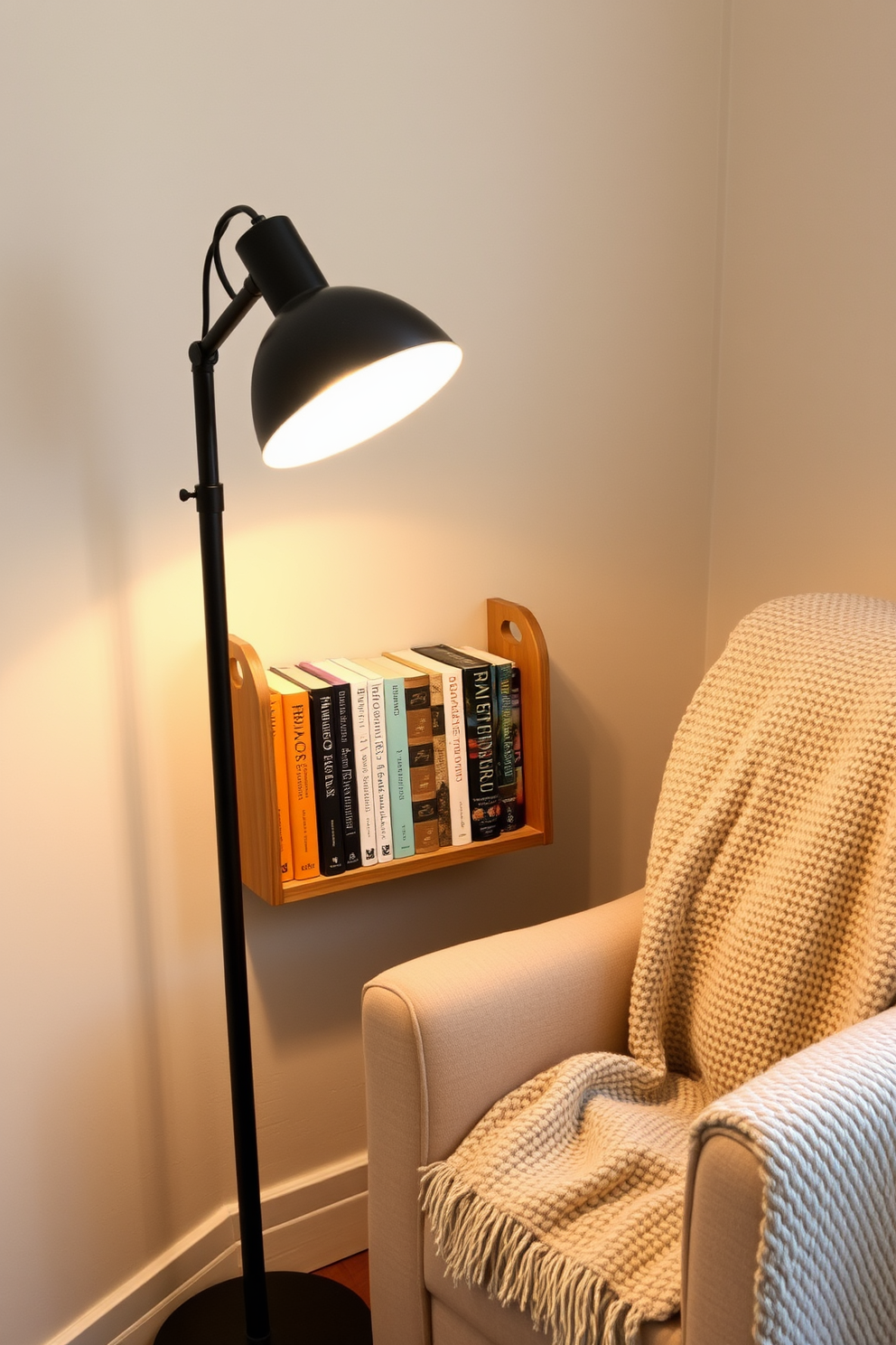 A cozy reading nook featuring a stylish reading lamp with adjustable brightness. The lamp is positioned beside a plush armchair, creating an inviting atmosphere for leisurely reading. Soft, neutral-toned walls complement the space, while a small bookshelf filled with colorful novels adds a personal touch. A textured throw blanket drapes over the armchair, enhancing the comfort of this relaxing corner.