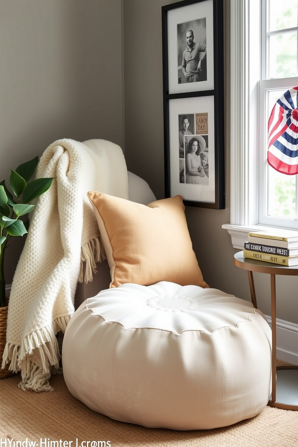 A cozy reading nook featuring a soft pouf in a light fabric that complements the surrounding decor. The nook is adorned with a plush throw blanket and a stack of books on a small side table, creating an inviting atmosphere for Labor Day relaxation.