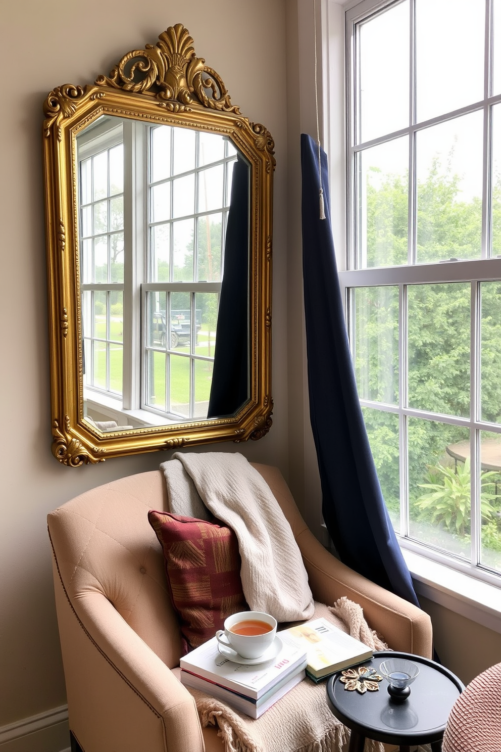 A decorative mirror is placed on the wall opposite a large window to reflect natural light and create an illusion of a larger space. The mirror features an ornate gold frame that complements the cozy furnishings of the reading nook. The reading nook is adorned with plush cushions and a soft throw blanket draped over a comfortable armchair. A small side table holds a stack of books and a steaming cup of tea, inviting relaxation and enjoyment of the Labor Day holiday.