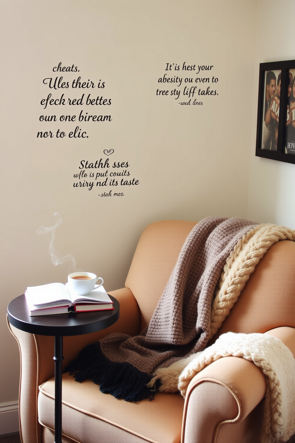 A cozy reading nook featuring a comfortable armchair upholstered in soft fabric. The walls are adorned with inspirational wall decals and quotes that create a motivating atmosphere. A small side table is positioned next to the chair, holding a stack of books and a steaming cup of tea. A plush throw blanket is draped over the armchair, inviting relaxation and enjoyment of the reading experience.