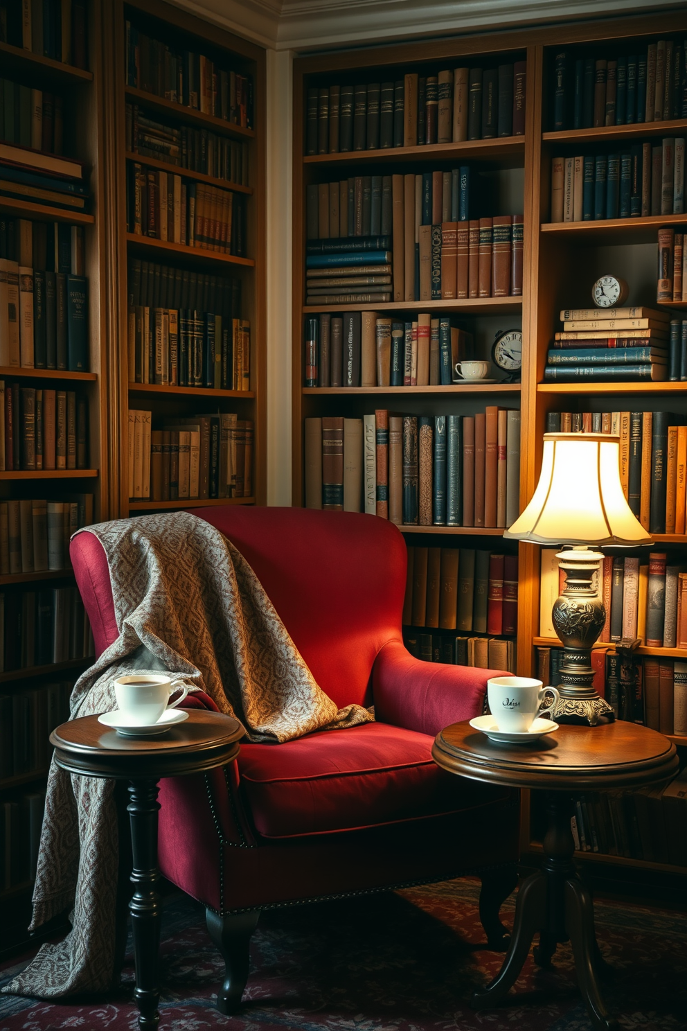 A cozy reading nook featuring a small desk designed for writing notes. The desk is made of reclaimed wood and has a vintage lamp with a warm glow, creating an inviting atmosphere. Surrounding the desk are plush cushions in soft, neutral tones, arranged on a comfortable armchair. A bookshelf filled with colorful books is positioned nearby, adding character and charm to the space.