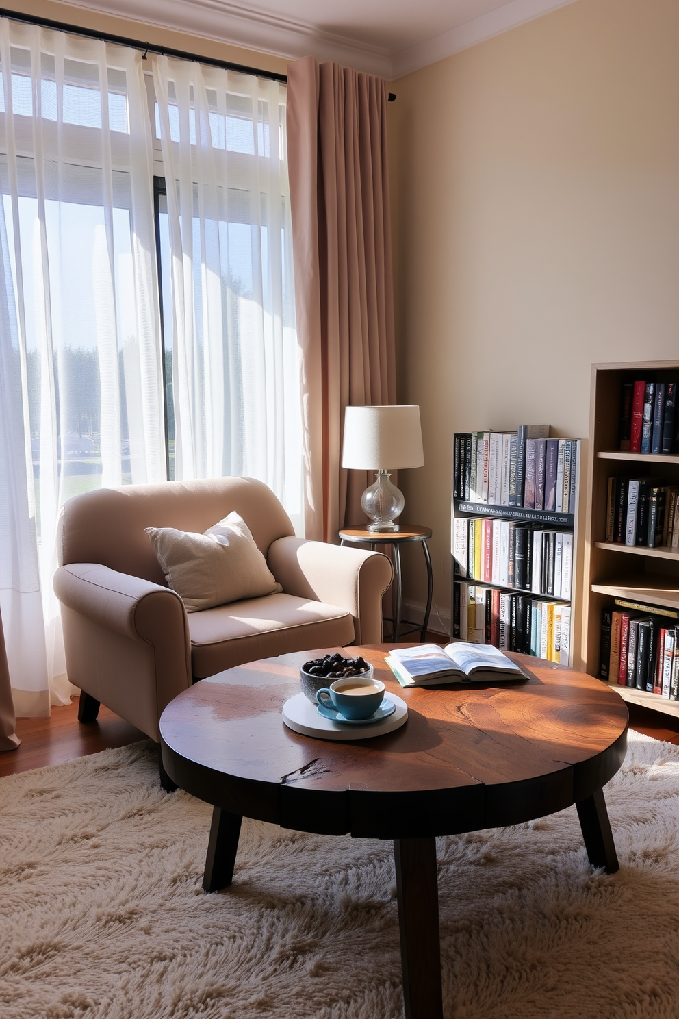 A cozy reading nook featuring a plush armchair upholstered in soft fabric positioned next to a large window with sheer curtains allowing natural light to filter in. A round coffee table made of reclaimed wood sits in front of the armchair, adorned with a stack of books, a decorative bowl for snacks, and a steaming cup of coffee. The walls are painted in a warm cream color, complemented by a soft area rug that adds texture to the space. A small bookshelf filled with colorful novels is placed nearby, creating an inviting atmosphere perfect for enjoying leisurely afternoons.