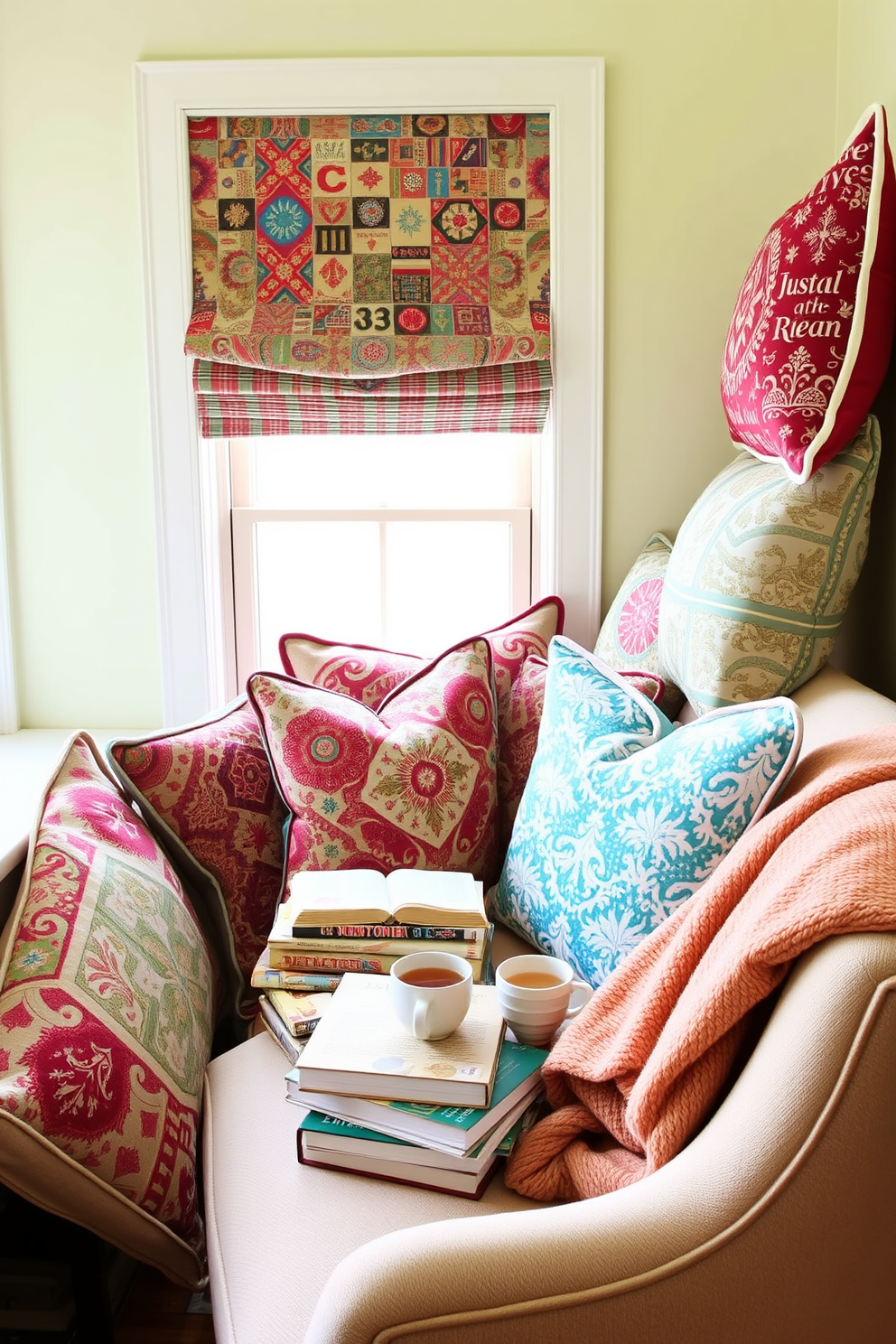 A cozy reading nook defined by a soft, plush rug in muted earth tones. The nook features a comfortable armchair with a throw blanket draped over the side and a small side table holding a stack of books and a steaming cup of tea.