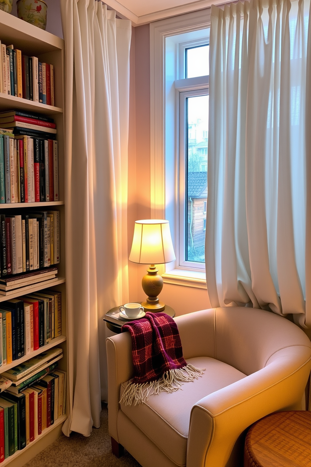 A cozy reading nook corner is designed with a plush armchair upholstered in soft fabric, positioned beside a tall bookshelf filled with an array of books. Soft, flowing privacy curtains frame the window, allowing natural light to filter in while creating an intimate atmosphere for reading. A small side table holds a steaming cup of tea and a decorative lamp that casts a warm glow in the evenings. A colorful throw blanket drapes over the armchair, inviting you to settle in and enjoy your favorite novel.