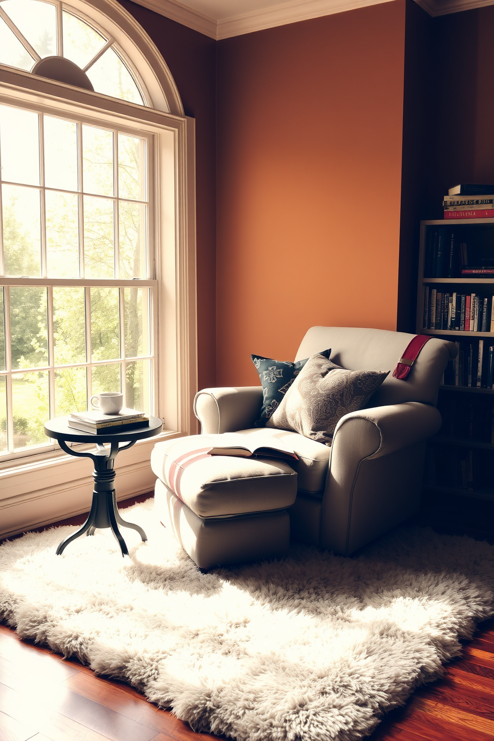 A cozy reading nook filled with natural light streaming through a large window. The space features a comfortable armchair upholstered in soft fabric, accompanied by a small side table holding a stack of books and a steaming cup of tea. The walls are painted in a warm, inviting color, and a plush area rug adds texture to the hardwood floor. Decorative cushions in various patterns are scattered on the chair, creating a welcoming atmosphere for relaxation.