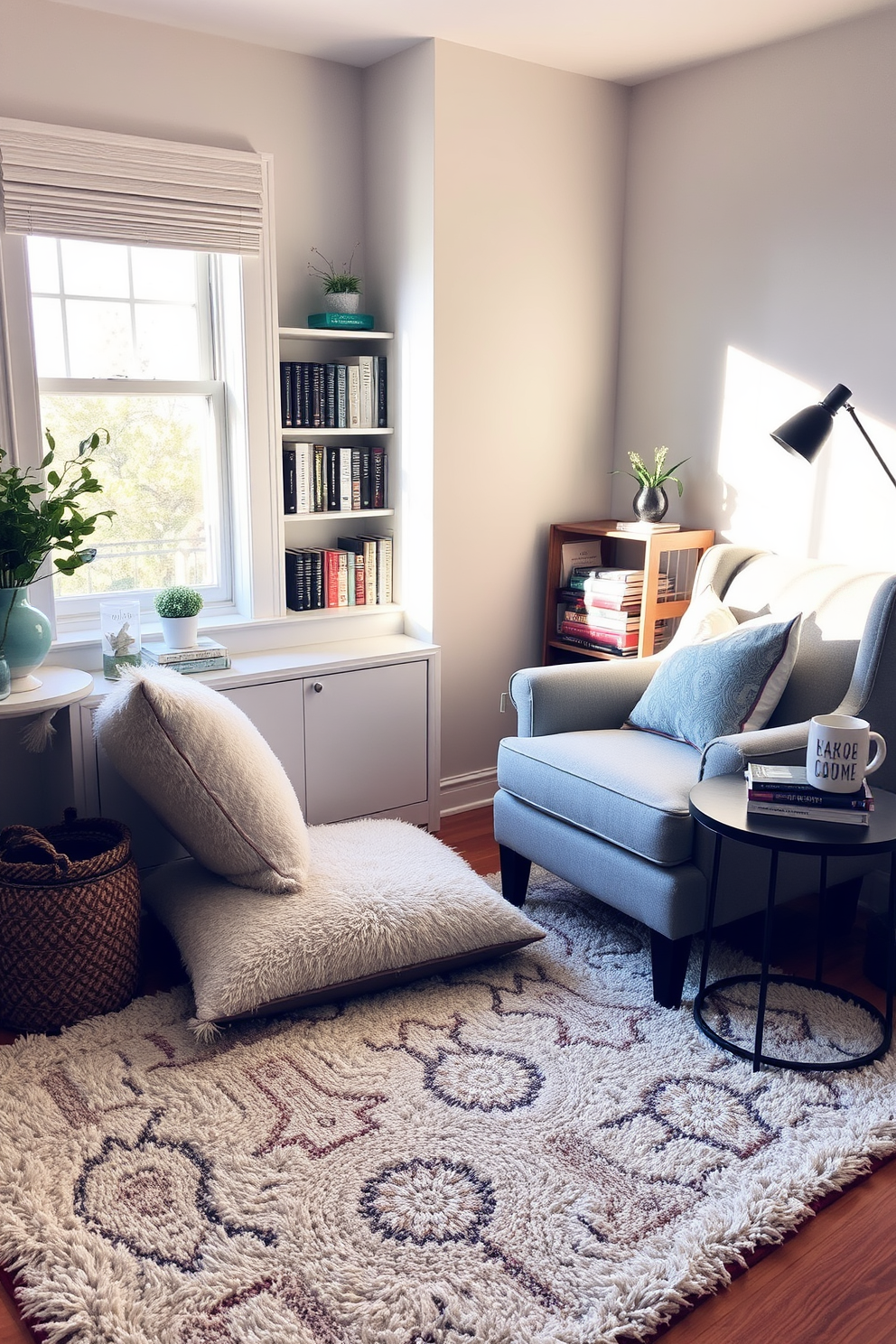 A vintage trunk serves as a unique coffee table in the center of a cozy living room. Surrounding the trunk are plush armchairs and a soft area rug, creating an inviting space for relaxation. In a corner, a reading nook is adorned with a comfortable armchair and a small side table. Soft cushions and a warm throw blanket invite you to curl up with a good book, while a nearby window allows natural light to fill the space.