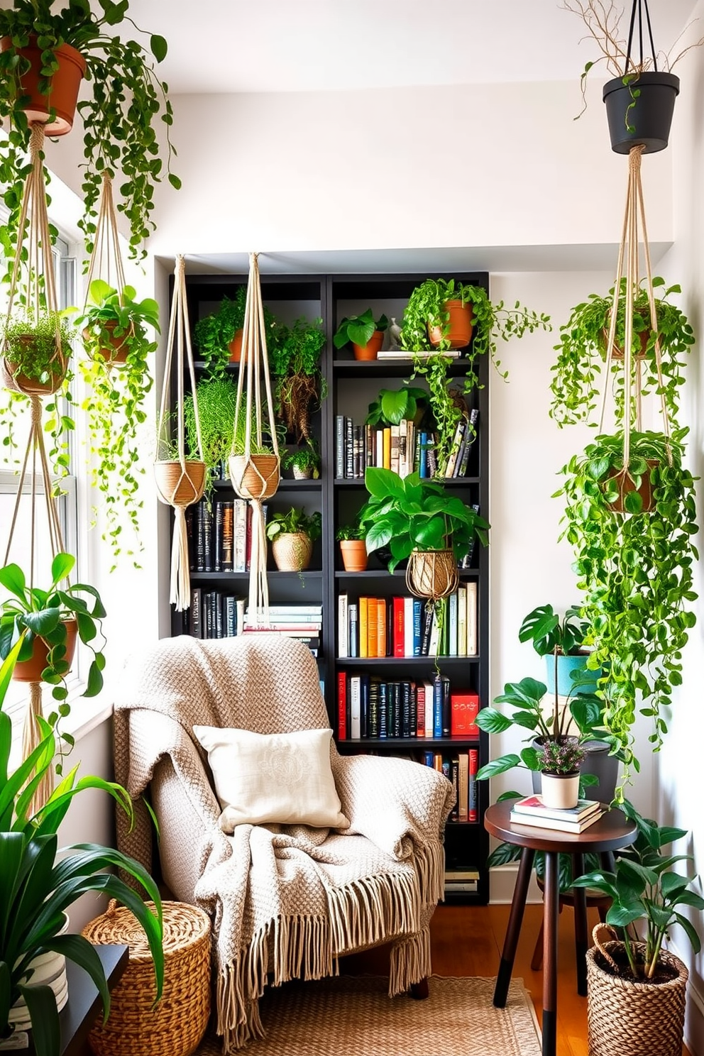 A cozy reading nook bathed in warm mood lighting created by delicate fairy lights strung along the walls. A plush armchair in a soft fabric is positioned next to a small wooden side table, adorned with a stack of books and a steaming cup of tea. The space is accented with a vibrant throw blanket draped over the armchair, inviting relaxation and comfort. A nearby bookshelf filled with colorful book spines adds a touch of personality and charm to the nook.