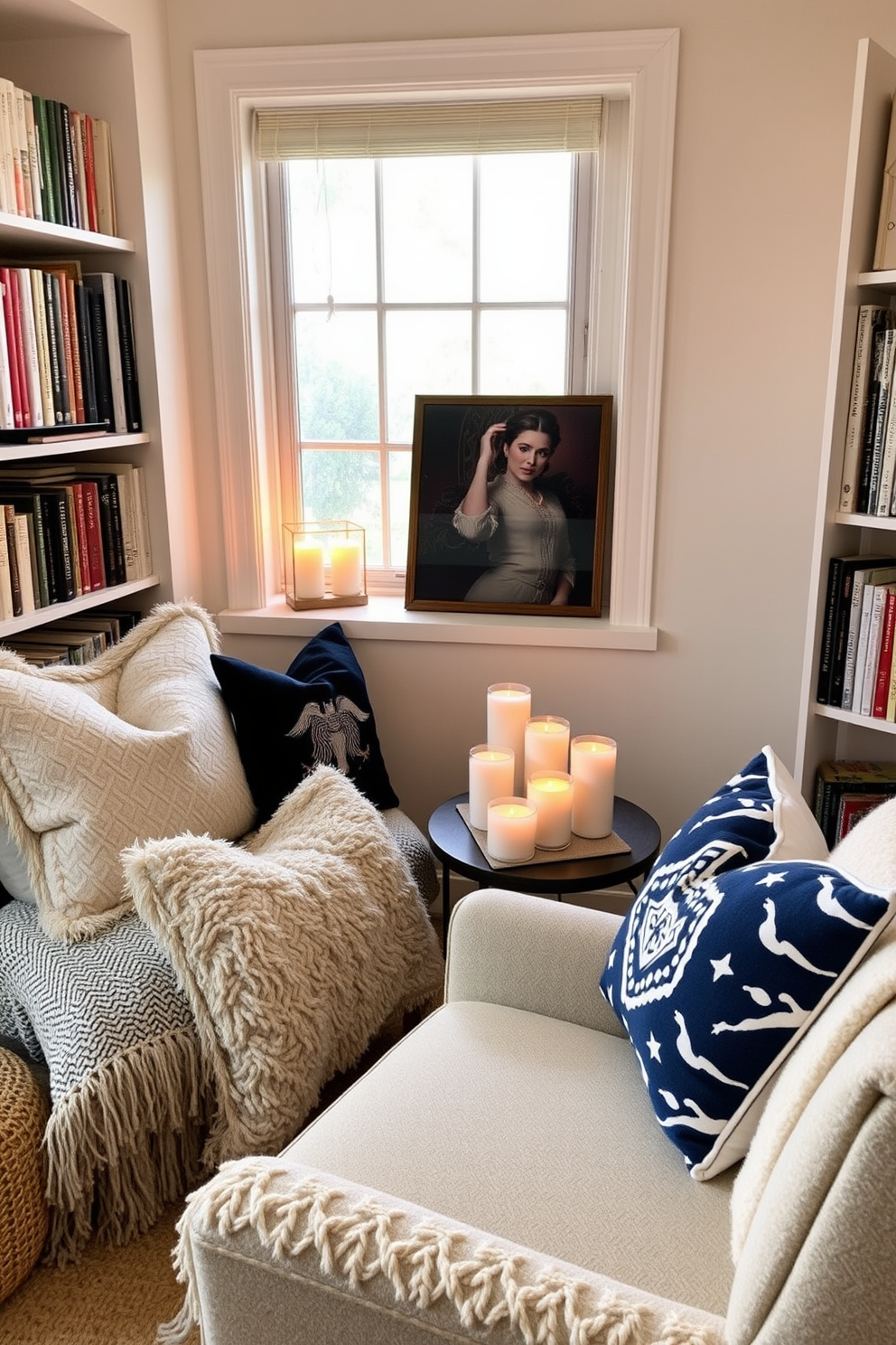 A cozy reading nook adorned with plush cushions and a soft throw blanket invites relaxation. A small side table holds an assortment of scented candles, casting a warm glow and creating a soothing atmosphere. The nook features a comfortable armchair positioned near a window, allowing natural light to filter in. Shelves filled with books line the walls, providing a perfect backdrop for Labor Day reading and leisure.