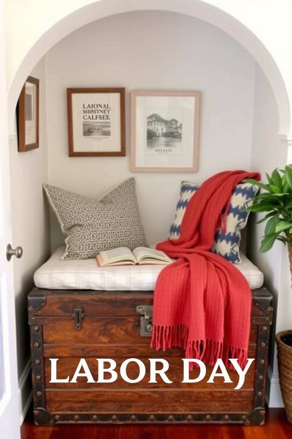 A cozy reading nook featuring a vintage trunk that serves as both storage and seating. The nook is adorned with soft cushions and a warm throw blanket, creating an inviting atmosphere for Labor Day relaxation.