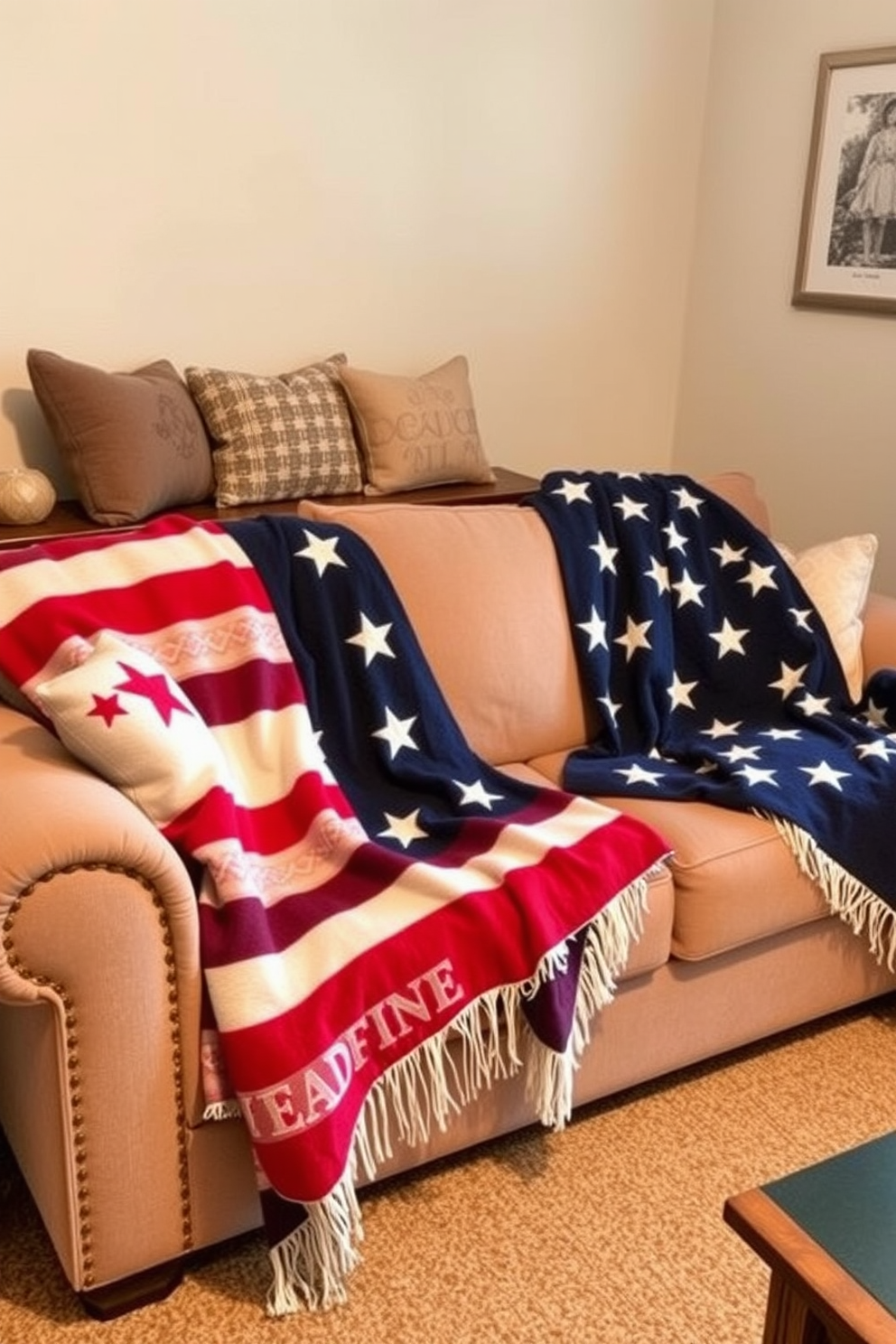 Cozy red white and blue throw pillows are arranged on a plush sofa in a small living room. The room features a warm beige wall color and a soft cream area rug that complements the patriotic theme.