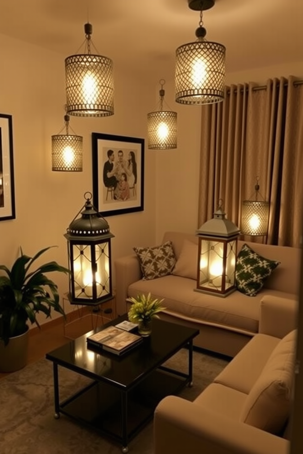 A cozy small living room setting featuring decorative lanterns that emit soft, warm lighting. The space is adorned with a comfortable sofa and a stylish coffee table, creating an inviting atmosphere for relaxation.