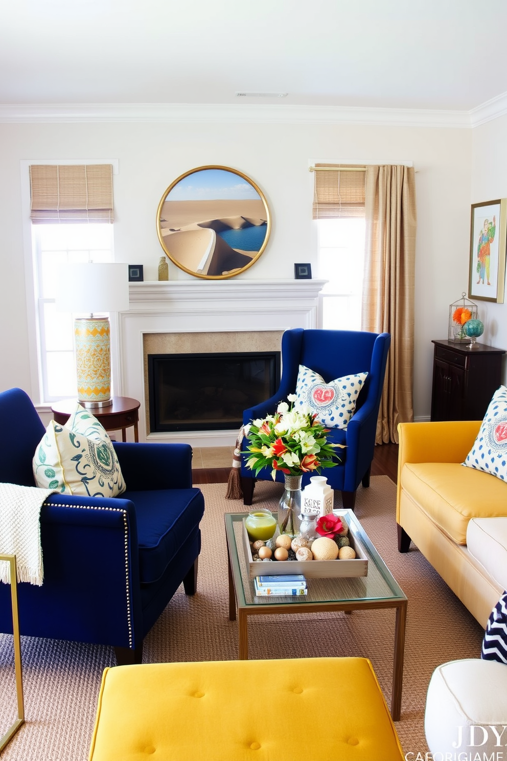 Seasonal centerpieces on coffee tables featuring vibrant autumn leaves, small pumpkins, and candles arranged in a rustic wooden tray. The coffee table is surrounded by a cozy sofa and armchairs, with warm-toned throw pillows and a soft blanket draped over one side. Labor Day small living room decorating ideas include a patriotic color scheme of red, white, and blue with cushions and decor items that reflect the holiday. A stylish area rug anchors the seating arrangement, while a small side table holds a festive floral arrangement and snacks for guests.