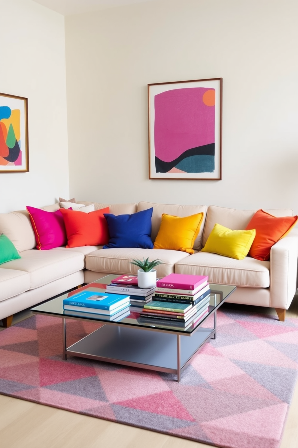 A neutral backdrop sets the stage for a vibrant living room filled with colorful accents. Plush cushions in bright hues are scattered across a soft beige sofa, while a geometric area rug adds visual interest to the space. A sleek coffee table with a glass top sits at the center, adorned with an arrangement of colorful books and a small potted plant. The walls are decorated with framed artwork that features bold colors, creating a lively atmosphere perfect for relaxation and conversation.