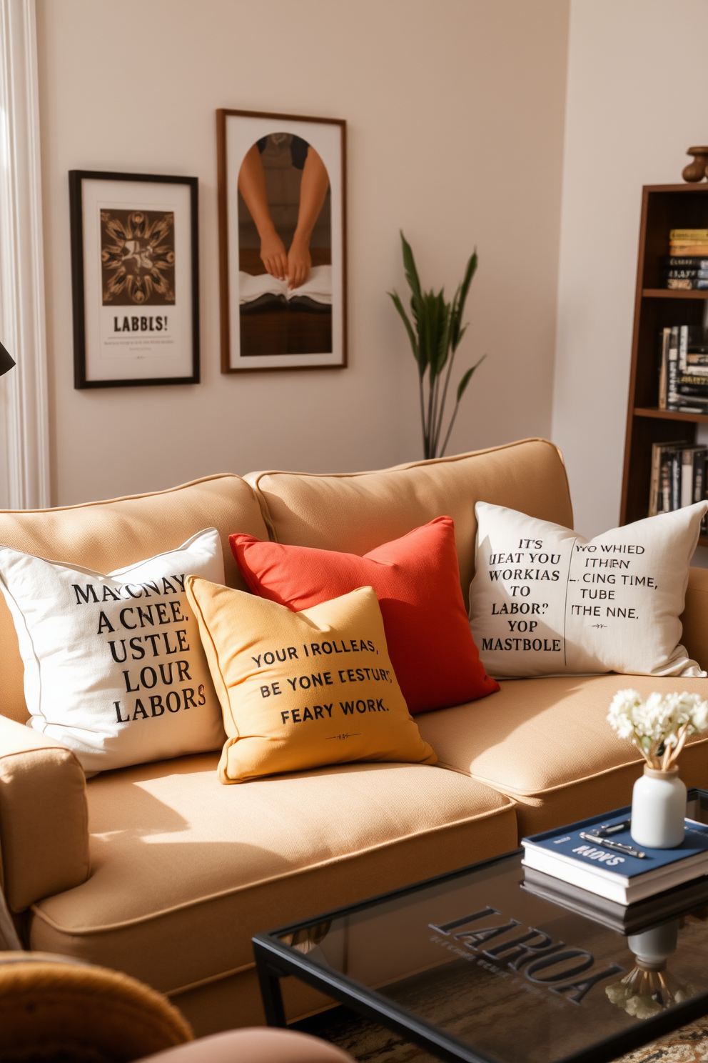 Throw pillows adorned with inspiring quotes about labor are strategically placed on a cozy sofa in a small living room. The space is accented with warm tones and soft textures, creating a welcoming atmosphere for relaxation and reflection on Labor Day. Incorporate a mix of patterned and solid-colored throw pillows to add visual interest and comfort. The small living room features a stylish coffee table and a minimalist bookshelf, enhancing the overall decor while celebrating the spirit of hard work.