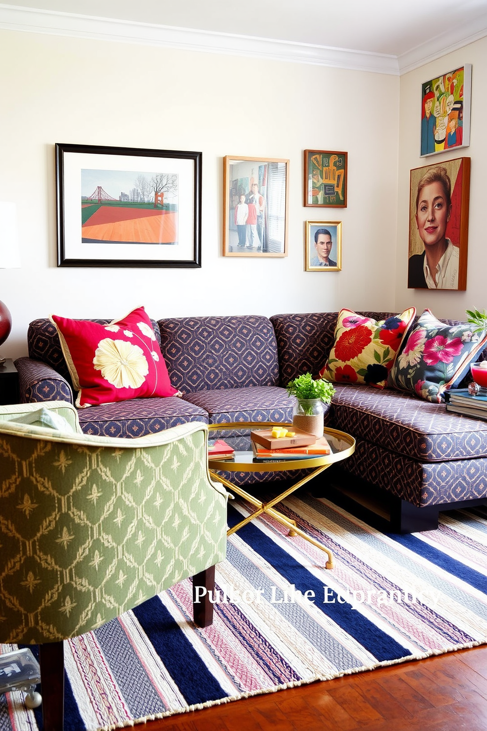 A vibrant small living room that showcases a mix of patterns and colors. The sofa is upholstered in a bold geometric print while the throw pillows feature floral designs in complementary hues. A striped area rug anchors the space, adding texture and warmth. The walls are adorned with eclectic artwork that reflects a playful spirit, creating a lively atmosphere perfect for Labor Day celebrations.