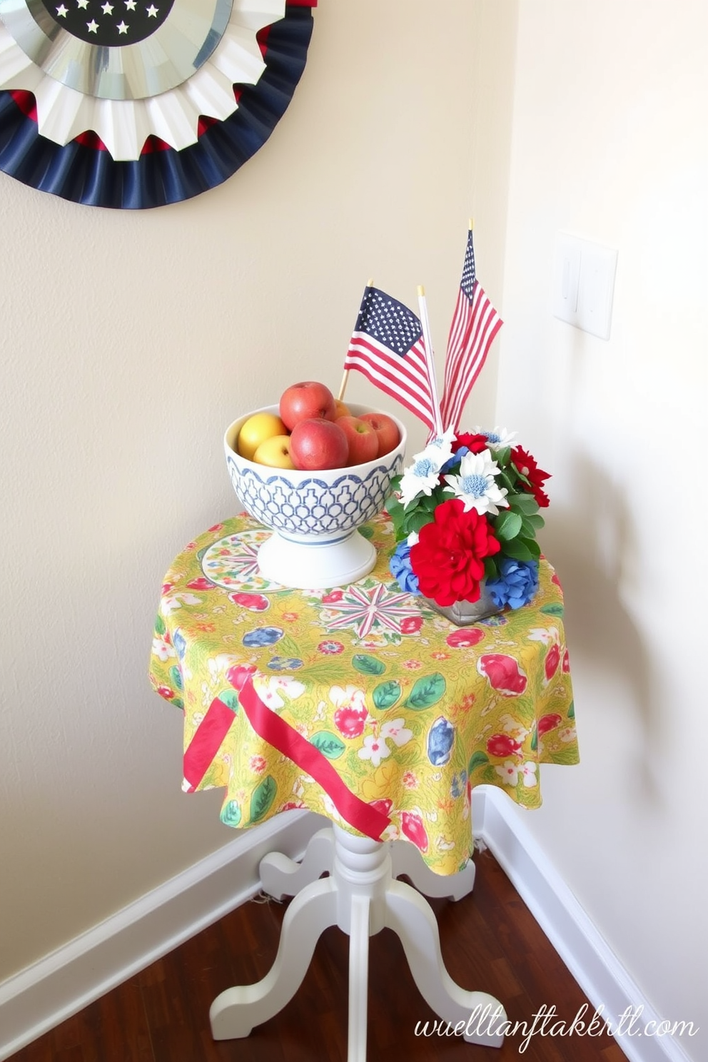 A small side table is adorned with festive decor celebrating Labor Day. The table features a vibrant tablecloth, a decorative bowl filled with seasonal fruits, and a small arrangement of red, white, and blue flowers.