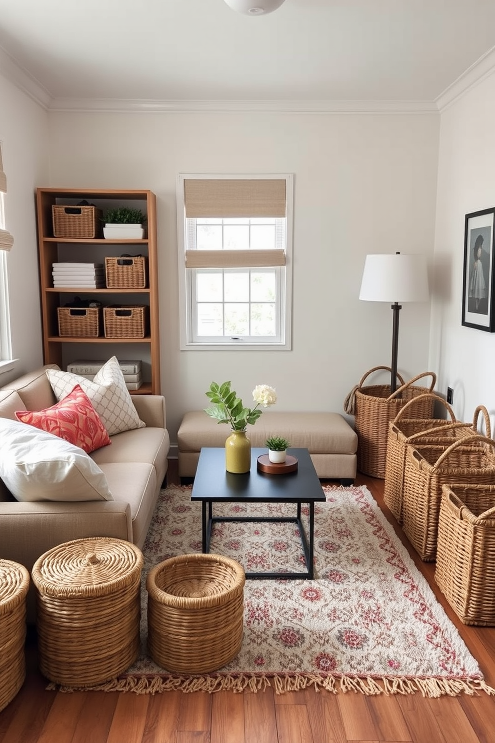 A cozy small living room featuring woven baskets for both storage and decorative appeal. The baskets are placed neatly in a corner, adding texture and warmth to the space while keeping the room organized. The seating arrangement includes a comfortable sofa adorned with colorful throw pillows. A stylish coffee table sits in the center, complemented by a soft area rug that ties the room together.