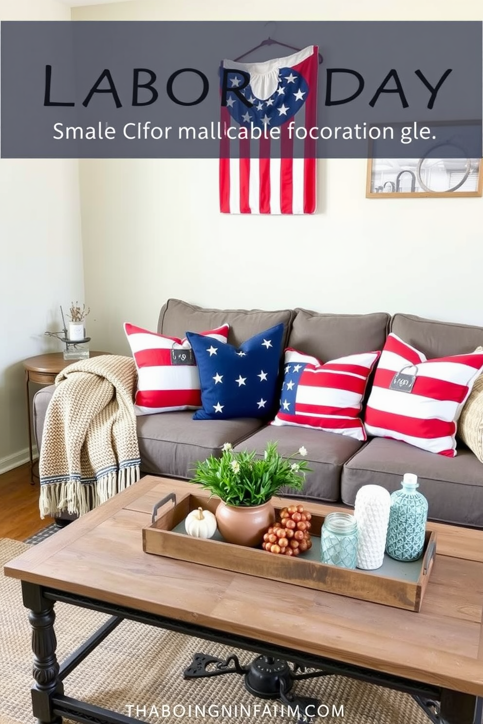 A cozy small living room adorned with patriotic artwork on the walls. The artwork features bold colors and symbols representing national pride, creating a vibrant focal point in the space. The seating arrangement includes a comfortable sofa with red and blue accent pillows. A rustic coffee table sits in the center, surrounded by a woven rug that adds warmth to the room.