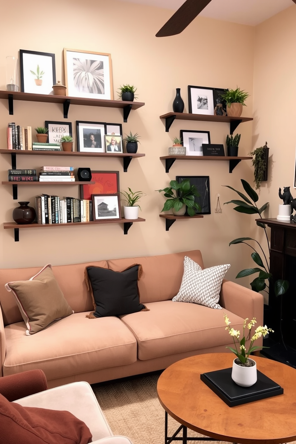 A cozy small living room featuring wall-mounted shelves filled with curated decor items. The shelves display a mix of books, plants, and decorative objects that add personality to the space. The room is painted in warm neutral tones, creating an inviting atmosphere. A plush sofa and a stylish coffee table complete the look, making it perfect for relaxation and entertaining.