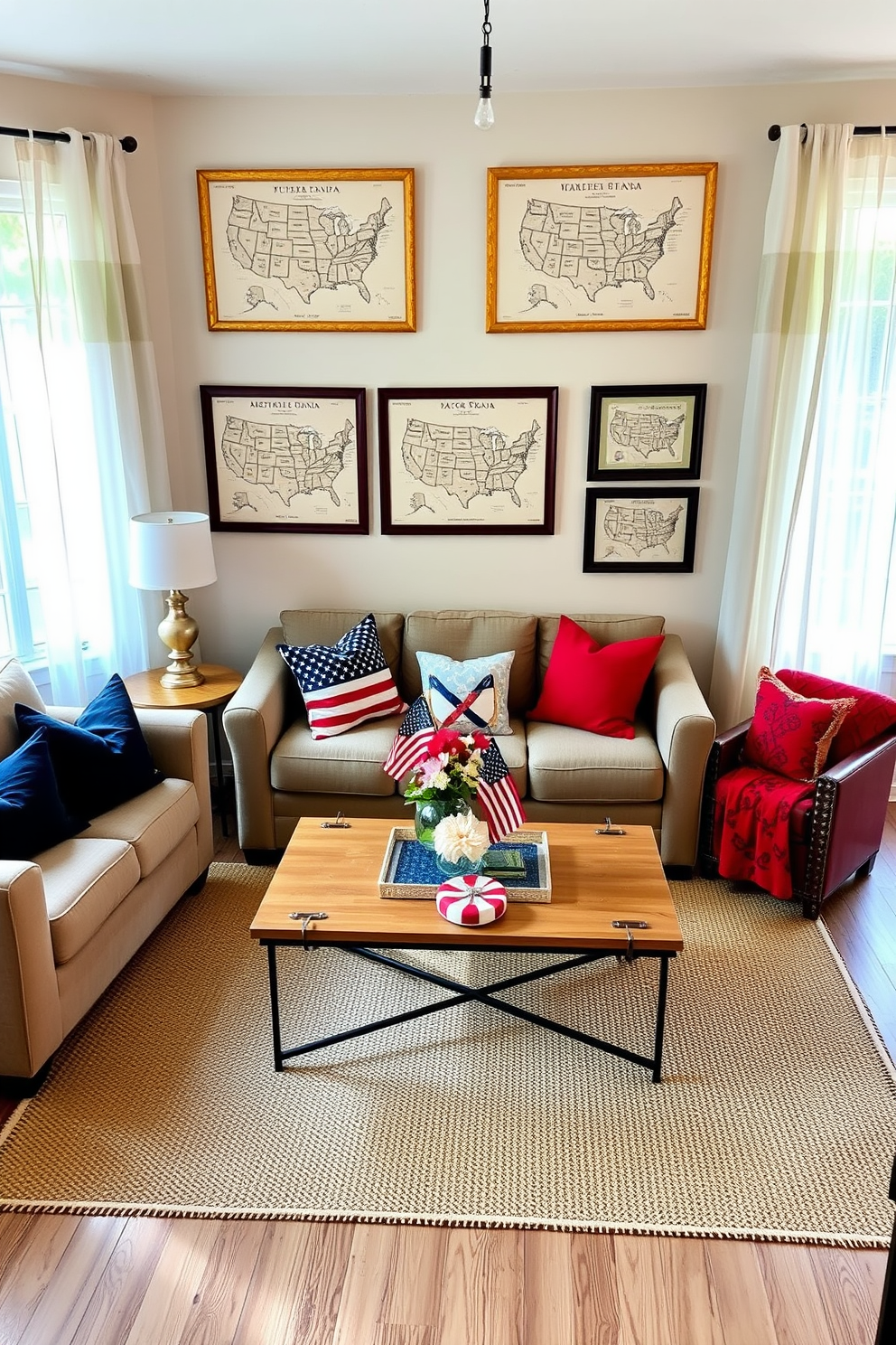 A cozy small living room features framed maps of American landmarks adorning the walls, creating a unique and personal touch. The furniture is arranged to maximize space, with a comfortable sofa and a stylish coffee table at the center, complemented by soft throw pillows and a warm area rug. For Labor Day, the decor includes subtle patriotic accents, such as red, white, and blue cushions and a festive centerpiece on the coffee table. Natural light floods the room through sheer curtains, enhancing the inviting atmosphere perfect for gatherings and relaxation.