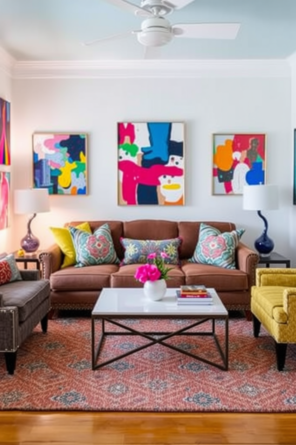 A cozy small living room adorned with seasonal throw pillows featuring vibrant colors and festive patterns. The sofa is complemented by a rustic coffee table and a soft area rug, creating an inviting atmosphere perfect for celebrating Labor Day.