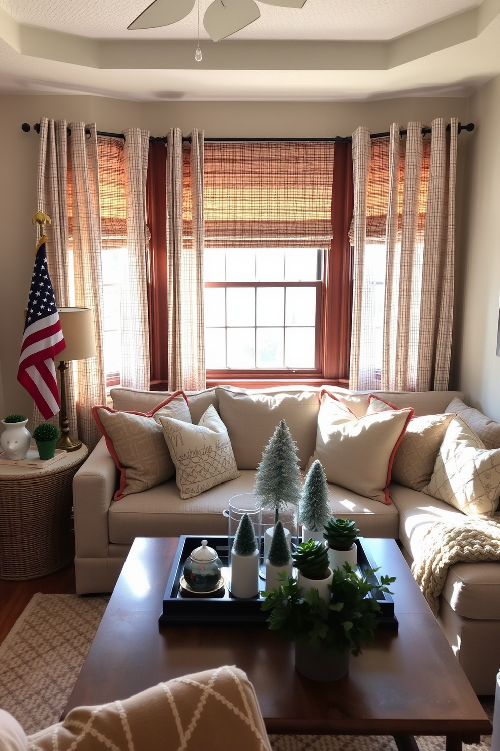 A cozy small living room decorated for Labor Day features textured curtains in light fabrics that gently filter sunlight. The room includes a comfortable sofa adorned with seasonal cushions, and a coffee table topped with festive decorations and small potted plants.