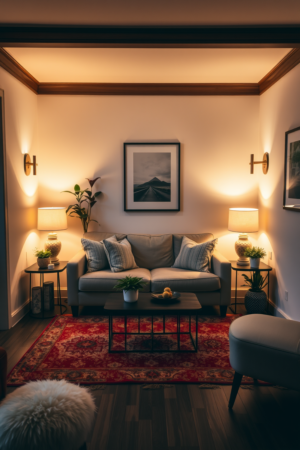 A cozy reading nook with plush pillows is nestled in a small living room corner. A comfortable armchair is positioned next to a tall bookshelf filled with an array of colorful books and decorative items. Soft, warm lighting from a nearby floor lamp creates an inviting atmosphere. A small side table holds a steaming cup of tea and a decorative candle, adding to the relaxing ambiance.