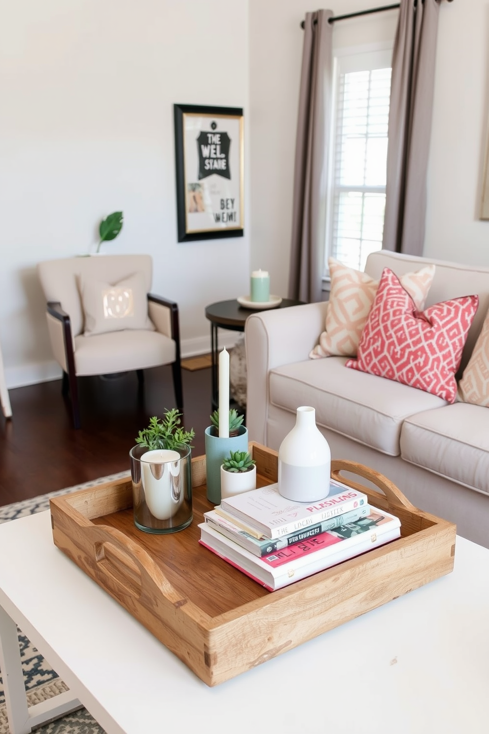 A collection of decorative trays arranged on a stylish coffee table in a small living room. The trays are made of natural materials and feature various textures, holding items like candles, books, and small plants for an organized yet inviting look. Cozy and inviting, the small living room is adorned with a neutral color palette and pops of color through throw pillows. A comfortable sofa faces a chic accent chair, creating a perfect space for relaxation and conversation during Labor Day gatherings.