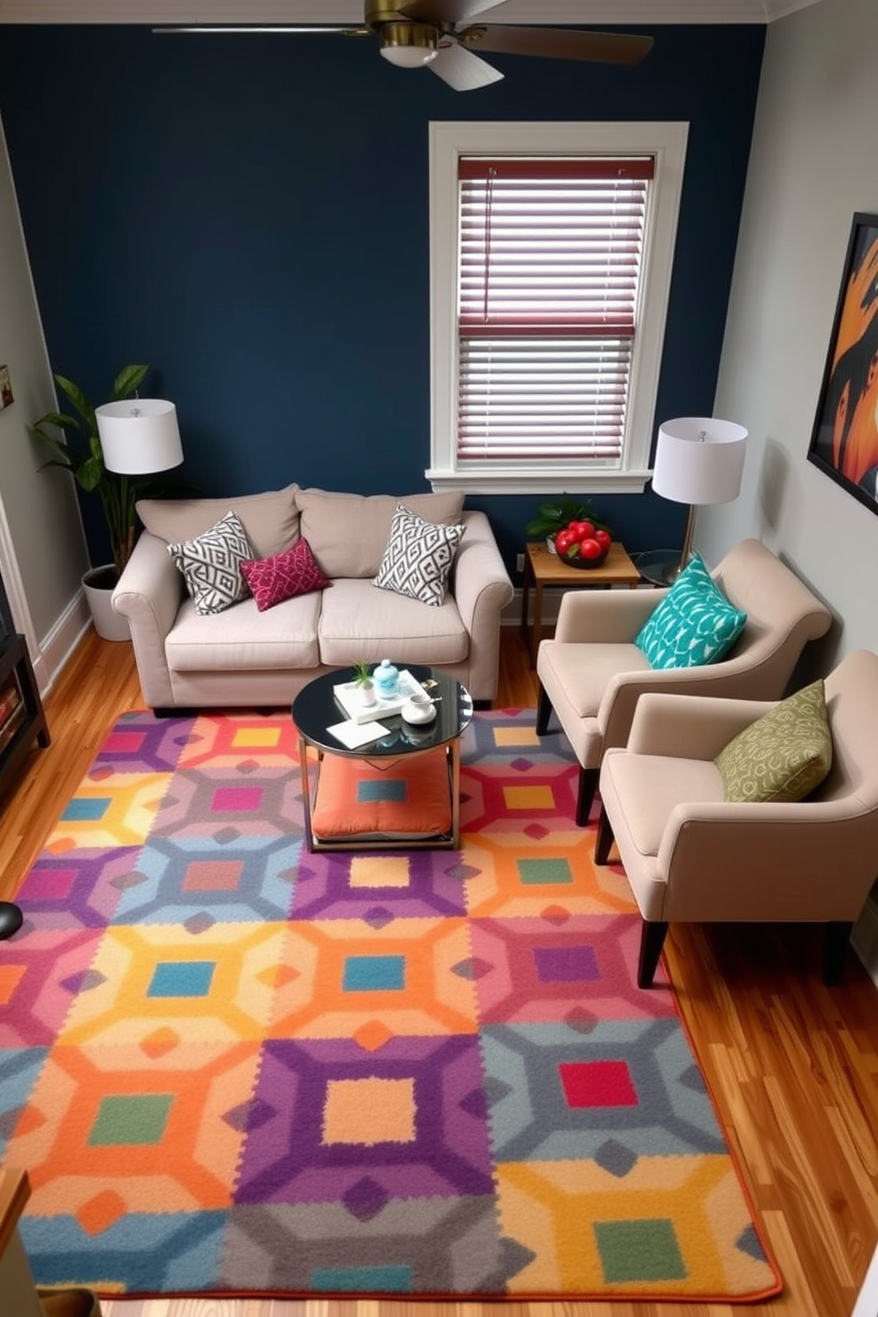 A colorful area rug anchors the small living room, featuring a vibrant geometric pattern that adds a pop of color to the space. Surrounding the rug, a cozy seating arrangement includes a plush sofa and a pair of accent chairs, creating an inviting atmosphere for relaxation and conversation.