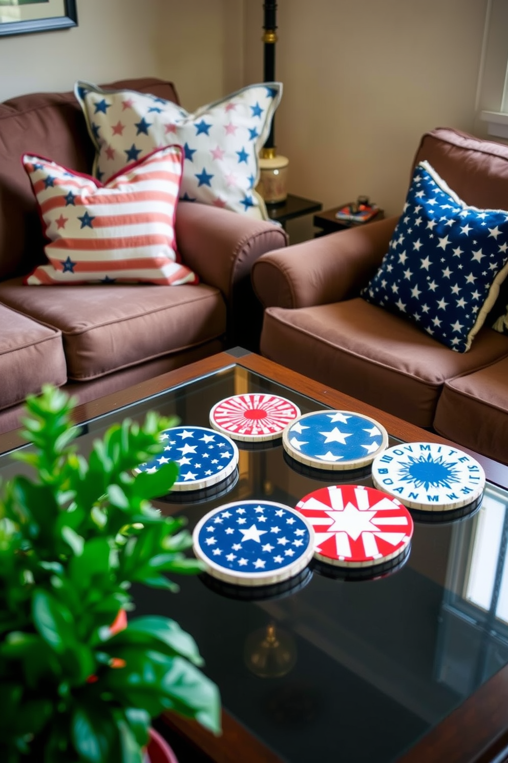 A cozy small living room decorated for Labor Day with patriotic themed coasters on the coffee table. The coasters feature red white and blue designs and are complemented by a plush sofa adorned with star patterned throw pillows.