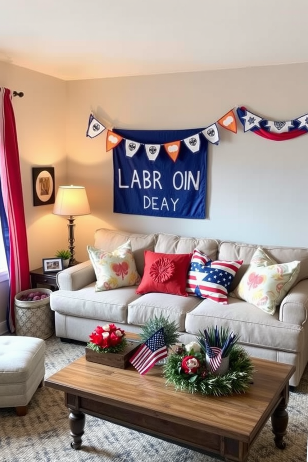 A cozy small living room adorned with festive bunting along the walls to celebrate Labor Day. The space features a comfortable sofa with colorful throw pillows and a coffee table adorned with seasonal decorations.