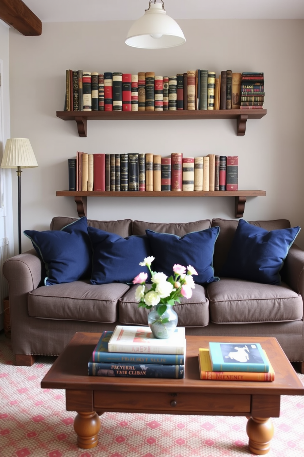 A cozy small living room adorned with vintage books featuring red, white, and blue covers arranged neatly on a rustic wooden shelf. A comfortable sofa with navy blue cushions faces a coffee table decorated with a small vase of fresh flowers and a few of the vintage books stacked on top.