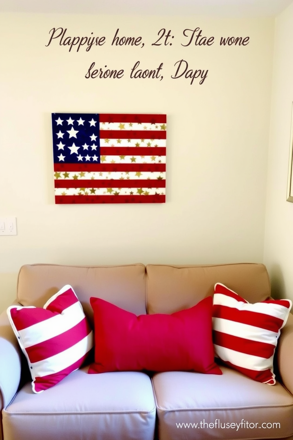 A small living room features a cozy arrangement with a comfortable sofa adorned with red and white striped cushions. Above the sofa, a vibrant stars and stripes wall art display adds a festive touch, celebrating Labor Day with patriotic flair.