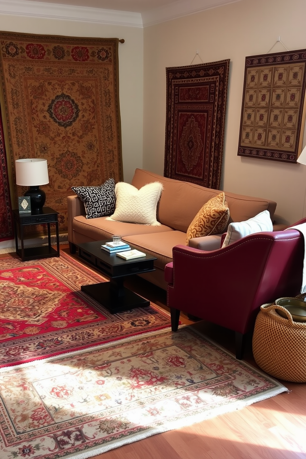 A cozy small living room featuring layered area rugs that add warmth and texture to the space. The rugs are in complementary colors and patterns, creating a visually inviting atmosphere perfect for relaxation and gatherings. The seating area includes a plush sofa adorned with colorful throw pillows and a stylish coffee table at the center. Soft lighting from a floor lamp enhances the inviting ambiance, making it a perfect spot for enjoying time with family and friends.