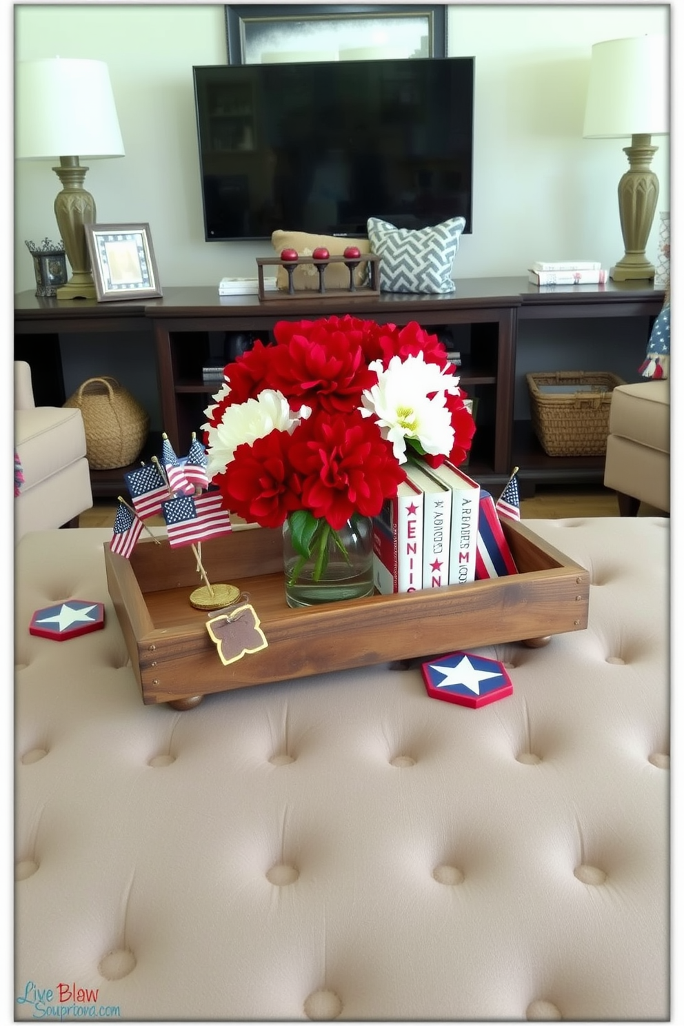 A patriotic themed coffee table decor features a red white and blue color palette with decorative elements such as small American flags and star shaped coasters. The centerpiece is a rustic wooden tray holding a bouquet of fresh red and white flowers alongside a few vintage books with patriotic covers. For small living room decorating ideas consider incorporating multifunctional furniture such as a stylish ottoman that doubles as storage. Use light colors and mirrors to create an illusion of space while adding cozy throws and cushions in coordinating patterns for a welcoming atmosphere.