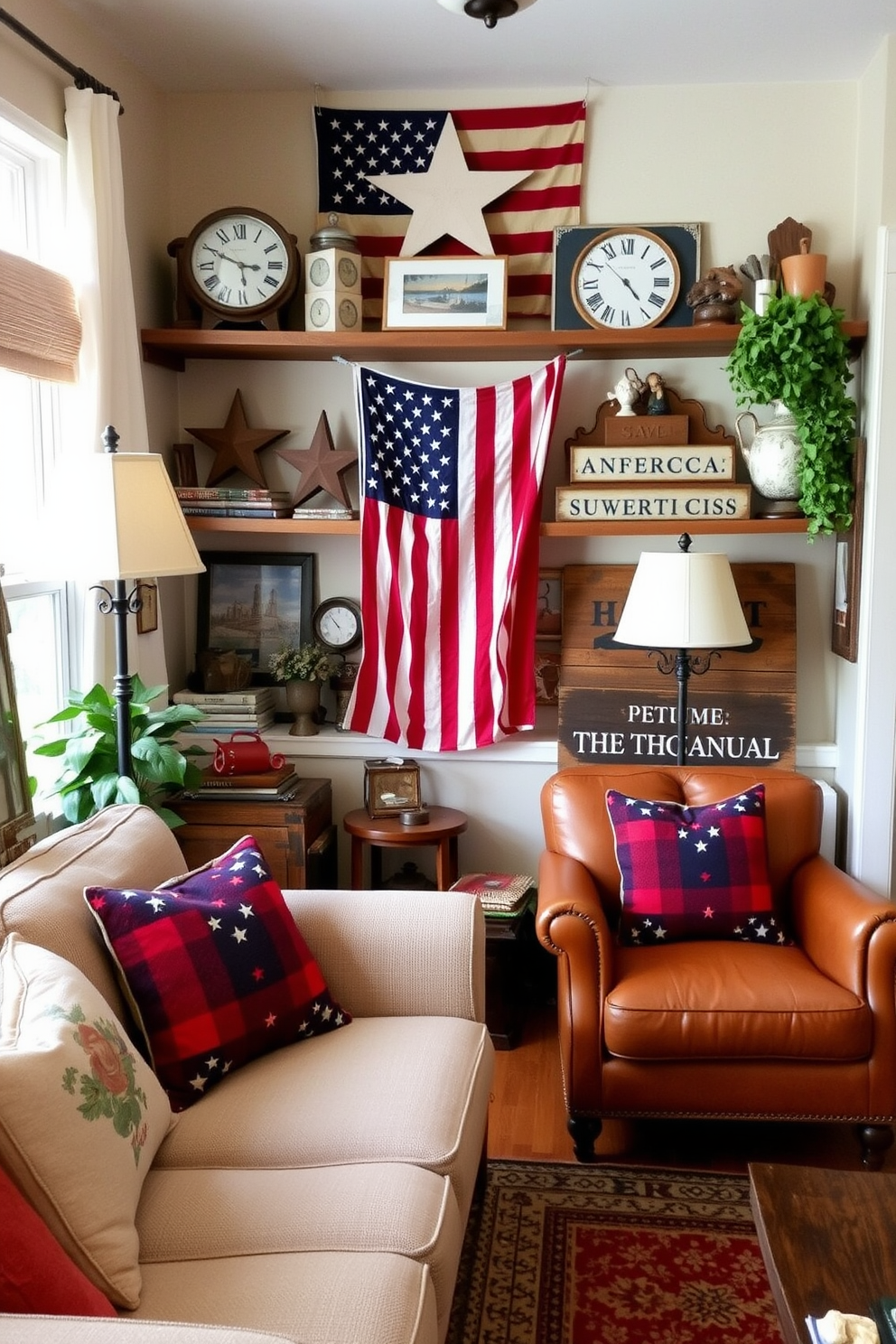 A cozy small living room adorned with vintage Americana accessories on the shelves. The decor features classic red, white, and blue elements, including a vintage flag and rustic wooden signs, creating a warm and inviting atmosphere.