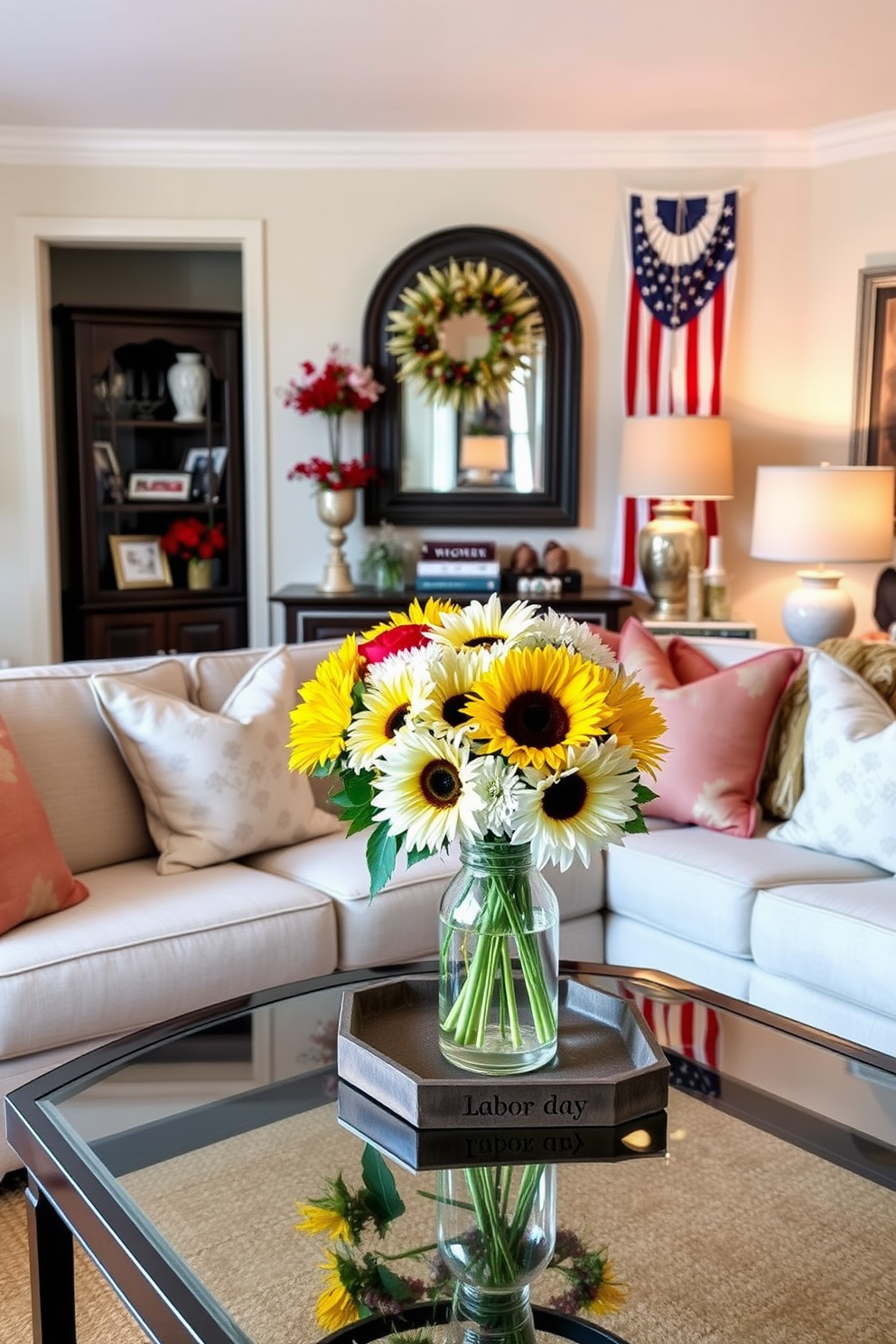 A cozy living room adorned with seasonal floral arrangements in elegant vases. The space features a comfortable sofa with soft cushions, complemented by a stylish coffee table and a warm area rug. For Labor Day, the decor includes red, white, and blue accents throughout the room. A cheerful arrangement of sunflowers and daisies sits on the coffee table, adding a festive touch to the inviting atmosphere.