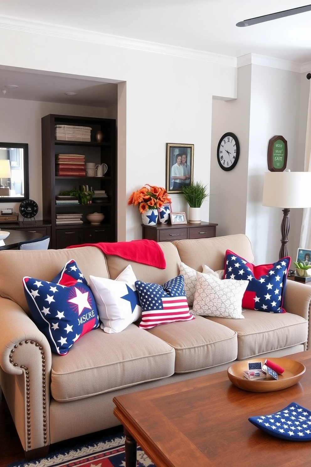 A cozy living room featuring a stylish sofa adorned with patriotic throw pillows in red, white, and blue hues. The space is designed for comfort and celebration, with subtle nods to Labor Day festivities through decorative elements. In a small apartment, the decor maximizes space while maintaining a festive atmosphere. Creative storage solutions blend seamlessly with cheerful accents, making the room feel inviting and lively.