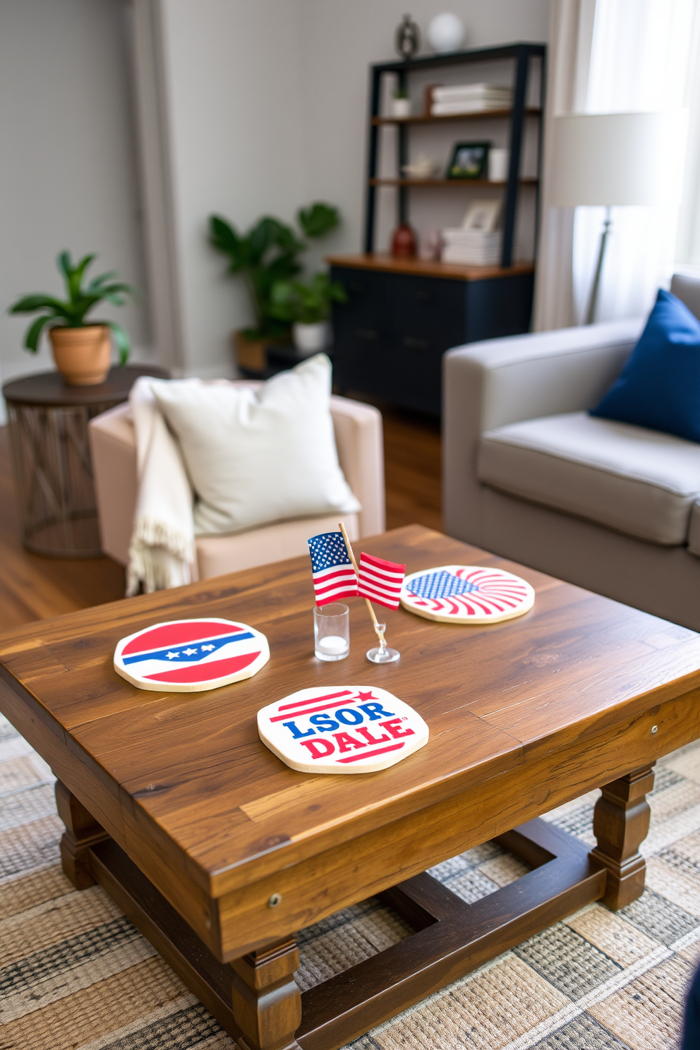 A set of patriotic-themed coasters is beautifully arranged on a rustic wooden table. The coasters feature vibrant red white and blue designs celebrating Labor Day. In a cozy apartment living room a small coffee table is adorned with these coasters creating a festive atmosphere. The surrounding decor is minimal yet stylish emphasizing the charm of small space decorating ideas.