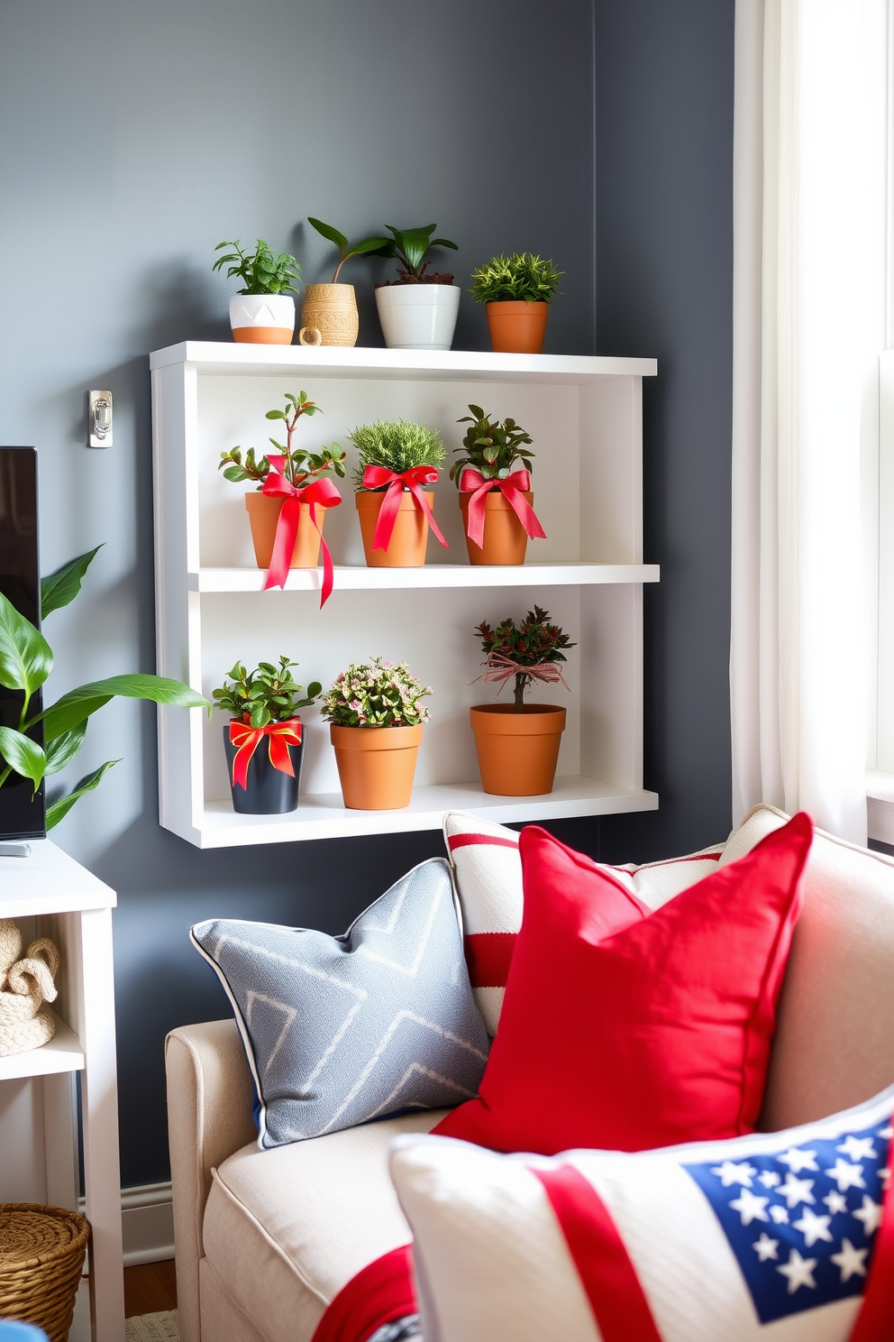 Small potted plants are arranged on a minimalist shelf, each adorned with colorful ribbons that add a festive touch. The shelf is positioned in a cozy corner of the room, enhancing the space's charm while maintaining a clean and organized look. For Labor Day, the decor features a blend of patriotic colors with small space decorating ideas, utilizing red, white, and blue accents throughout the room. Thoughtful arrangements of cushions and throws create a welcoming atmosphere, perfect for celebrating the holiday in a stylish yet compact setting.