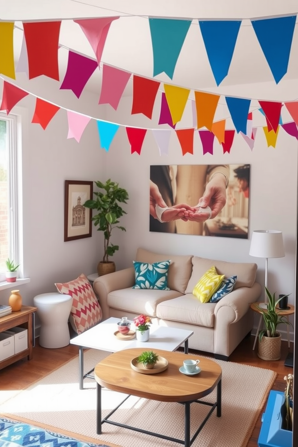 A cozy living room featuring themed wall art in patriotic colors celebrating Labor Day. The walls are adorned with framed prints of red, white, and blue, while a small gallery wall showcases various interpretations of the holiday. In the corner, a compact yet stylish seating arrangement includes a loveseat and a small coffee table. Decorative pillows in matching colors add a festive touch, and a potted plant brings life to the small space.